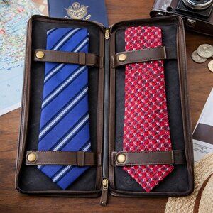 DiLANA Dark Brown Leather Zip Up Neck Tie Travel Case